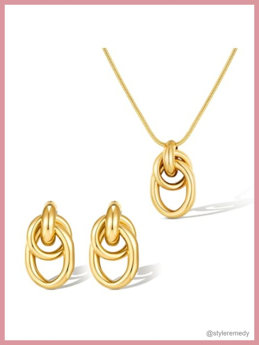 Gold Knot Pendant Necklace & Earrings Set Brass Hypoallergenic